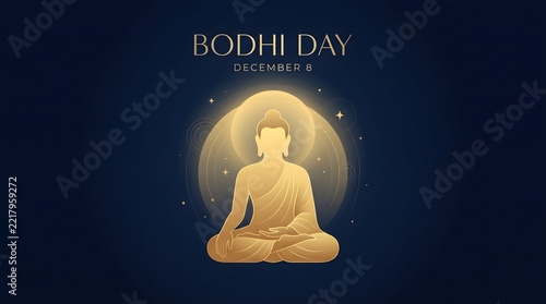 Golden Buddha Meditation Illustration for Bodhi Day December 8 Celebration Poster