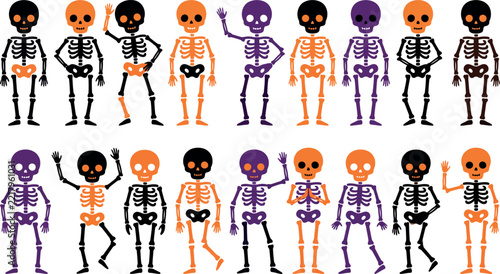 A festive and colorful halloween skeleton vector set collocation displayed on a clean white background for holiday design projects