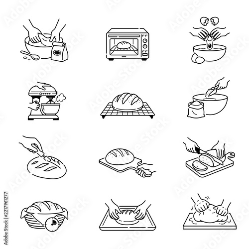 Bread Baking Process Vector Line Icon Set Isolated