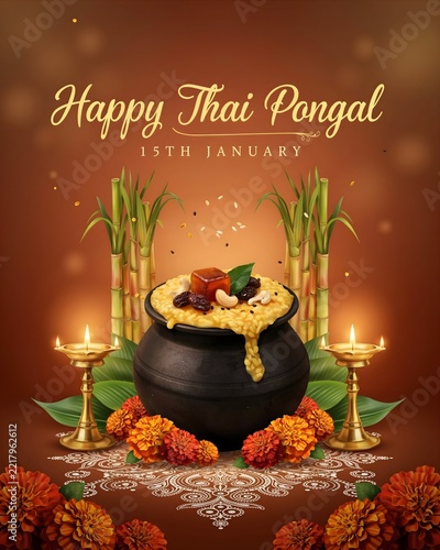 Happy Thai Pongal 15 January Tamil Harvest Festival Greeting Card Illustration