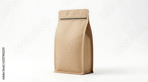 Brown kraft paper bag standing upright on white background