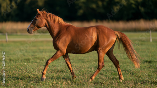 a brown horse mwalking on a green field