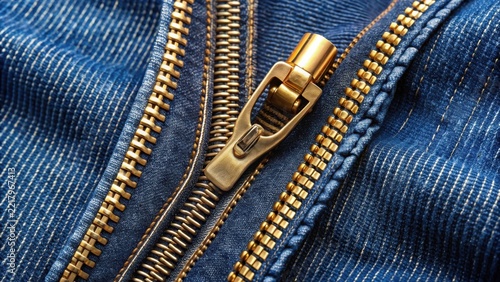Close-up Detail of a Gold Metal Zipper on Blue Denim Fabric, Showing Intricate Stitching and Texture
