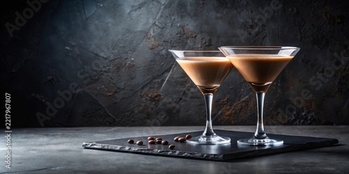 Two creamy coffee cocktails served in elegant martini glasses, resting on a dark slate surface, with coffee beans scattered nearby, creating a sophisticated and inviting atmosphere.