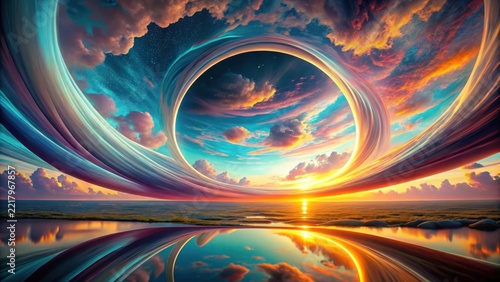 A Serene Dreamscape Celestial Rings Encircling a Vibrant Sunset Reflected in a Calm Body of Water