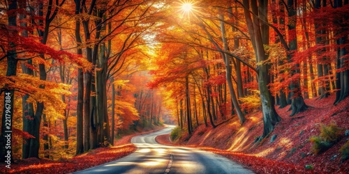 Autumnal Road Winding Through a Sun-Drenched Forest of Vibrant Red and Gold Leaves