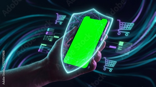 e-commerce security, a mobile phone encased in a transparent shield surrounded by abstract carts