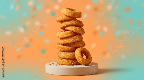 Onion rings, food and snack on podium for restaurant menu, fast food advertising and tasty appetizer. Deep fried, golden and crispy breaded rings with gourmet style for dining, cafe and cuisine
