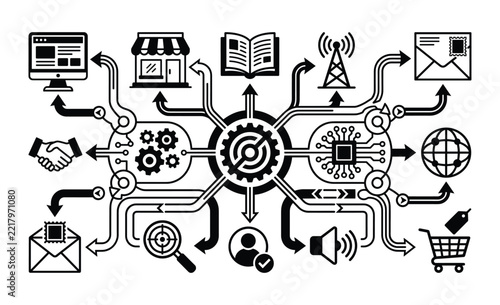 Black and white vector icon illustration showing a central gear hub connected to various digital communication and business icons via flow arrows