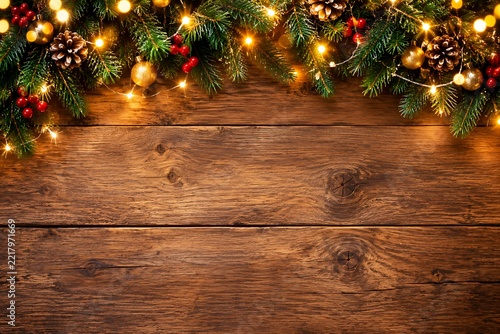 Rustic Christmas background with pine branches, pinecones, red berries, and warm fairy lights on a textured wooden surface.