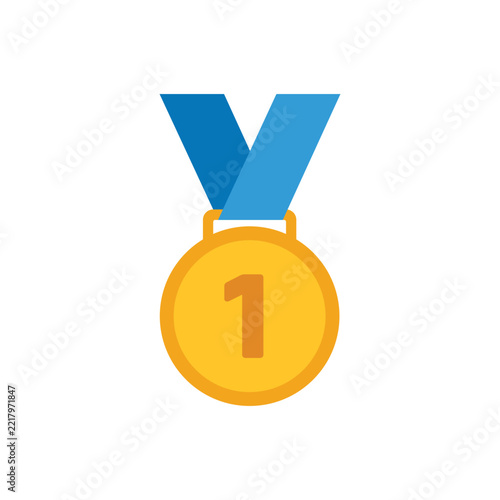 Gold medal icon with blue ribbon, flat vector illustration isolated on white background