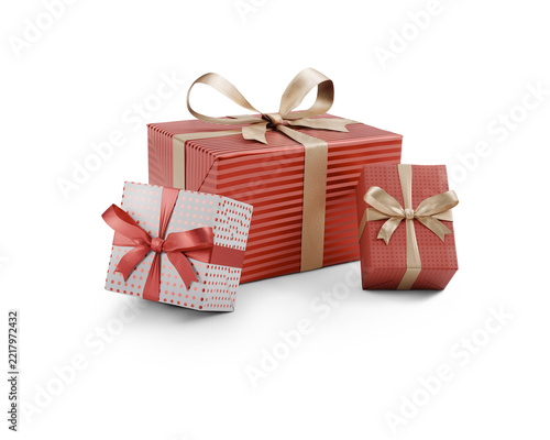 A group of three stacked presents with a front side on view, wrapped up in red and white paper with gold and red ribbon bows for Christmas isolated against a transparent background