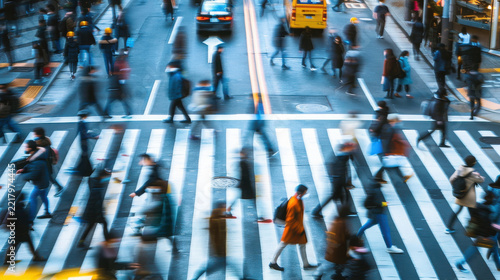 Diverse professionals crossing busy city intersection during morning commute with dynamic motion blur