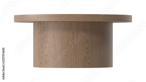 Minimalist round wooden coffee table with a pedestal base isolated on a white background