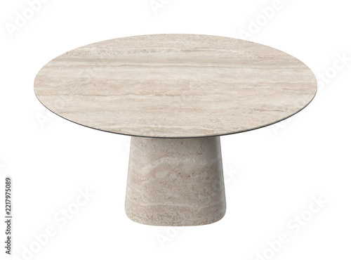 Minimalist round coffee table made of beige travertine stone with a solid pedestal base design