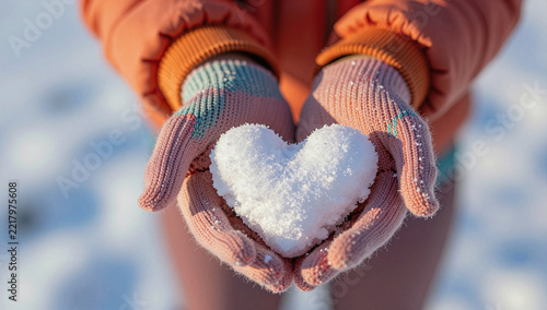 Gloved hands holding a heart of snow in winter.