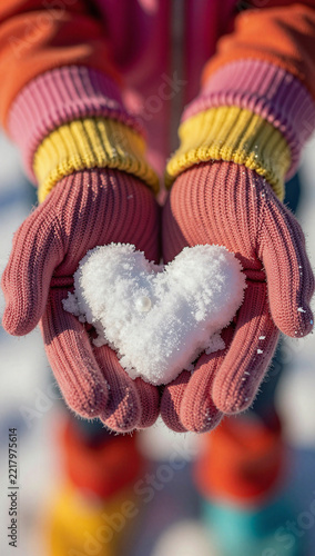 Gloved hands holding a soft, white, heart-shaped snow.