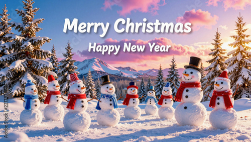 Snowy Christmas scene with cheerful snowmen greetings. Postal card design.
