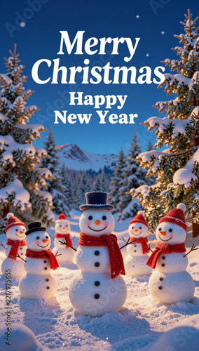 Snowy Christmas scene with cheerful snowmen and trees. Postal card design.