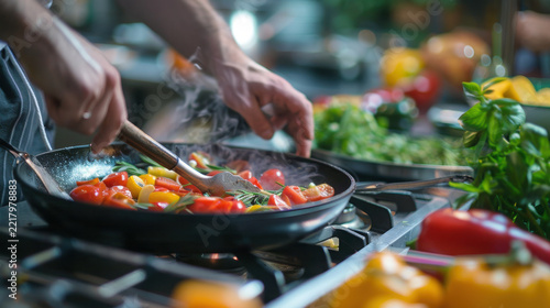 Chef preparing fresh tomato and vegetable stir-fry on gas stove in modern kitchen with professional cookware
