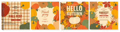 Autumn  square cards template set. Templates with textured pumpkins and leaves for Thanksgiving invitations, fall sales, harvest menus, posters, web banners.