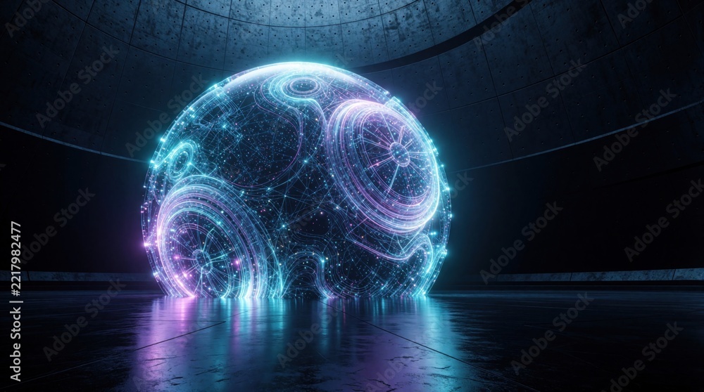 Fototapeta premium Futuristic digital sphere glows with blue, purple light in dark industrial space. Abstract cyber orb shows complex network connections, artificial intelligence data. Modern tech background features