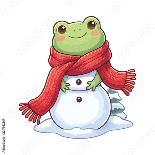 Cute cartoon frog wearing red scarf helping cheerful winter snowman