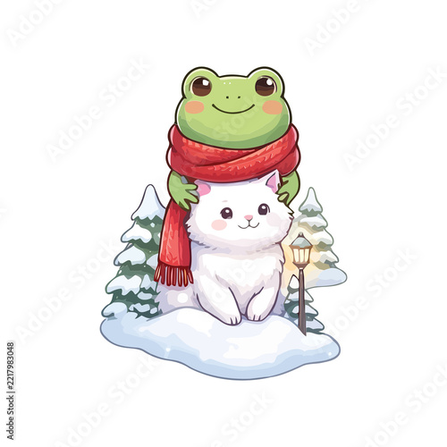Cute frog and white kitten wearing a red scarf in a snowy winter