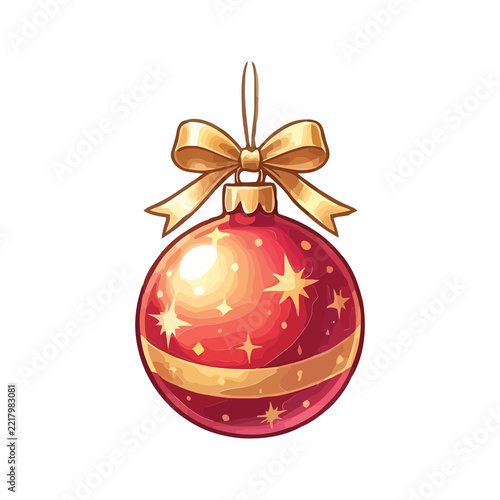 Red christmas bauble with gold ribbon bow isolated on transparent