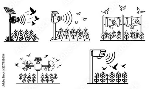 Automated Bird Deterrent System Agriculture Icon Set