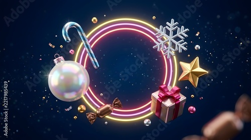 Christmas 3d render background with neon glowing circles, bauble, candy cane, snowflake, star, and gift box