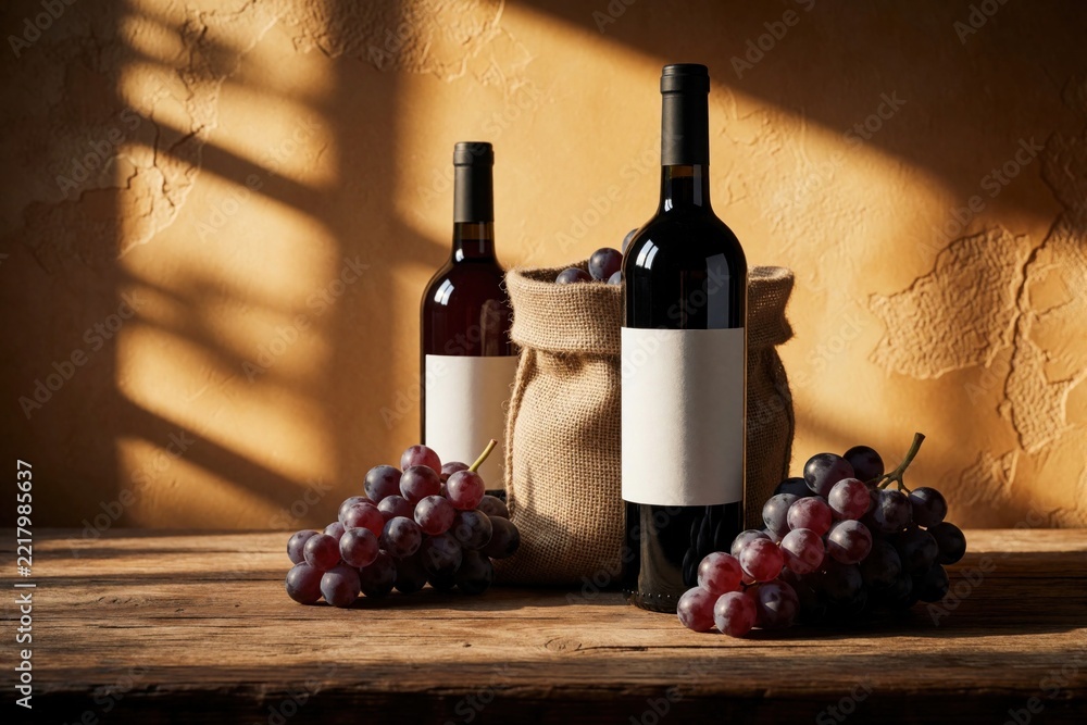 Naklejka premium Elegant wine bottle mockup with blank white label on rustic wooden table. Red grapes, burlap sack sit near dark glass bottles. Warm sunlight creates shadows in vintage winery setting with farmhouse