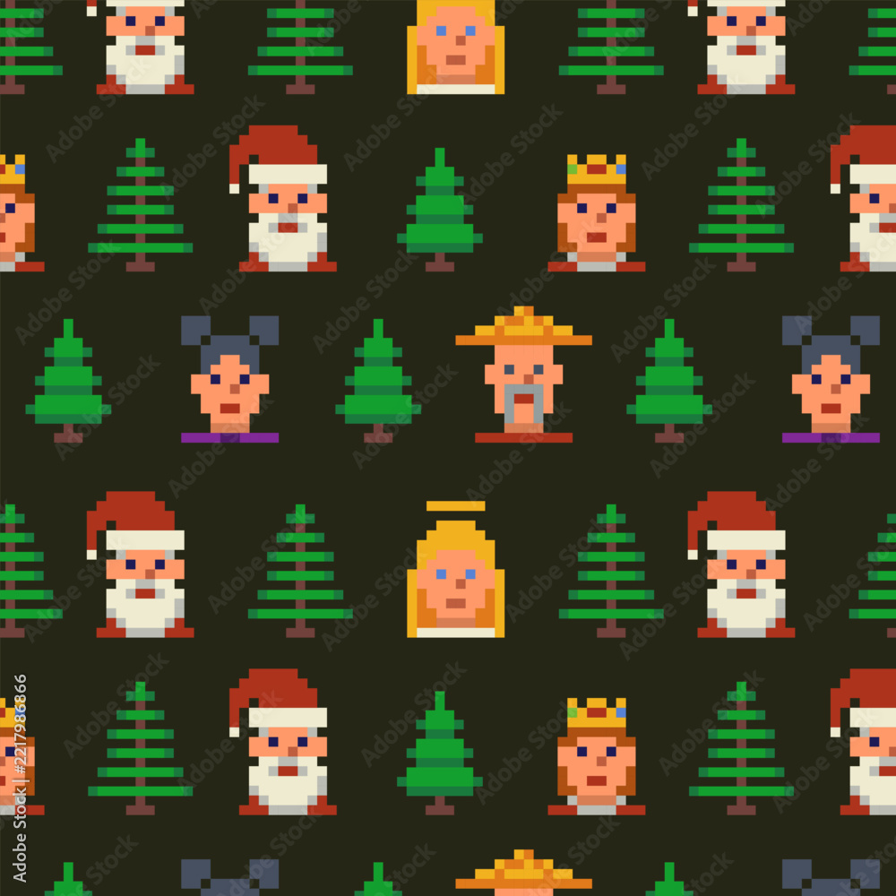 Fototapeta premium Seamless Christmas character pattern in retro 8-bit pixel art style. Nostalgic arcade aesthetic and calm holiday mood