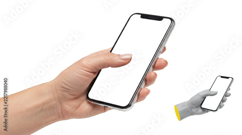 Woman's hand holding a modern smartphone with a blank white screen isolated on a white background for design mockup