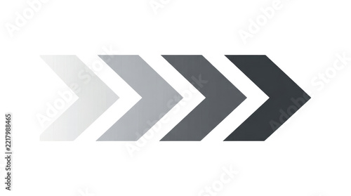 Minimalist horizontal sequence of four right pointing chevron arrowhead shapes in gradient shades of grey progressing from light off white to dark charcoal on a solid plain white background isolated