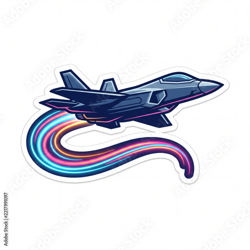 Fighter Jet Leaving Neon Rainbow Vapor Trail Vector Illustration