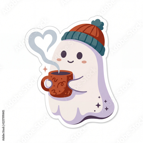 Ghost with Hot Drink Sticker Wearing a Winter Hat