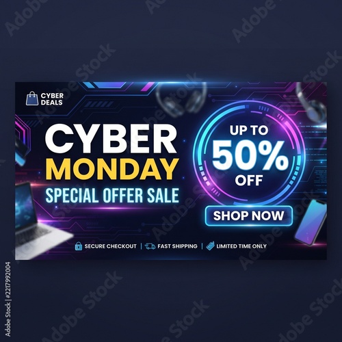 Sale banner template design, Cyber Monday special offer sale up to 50% off.