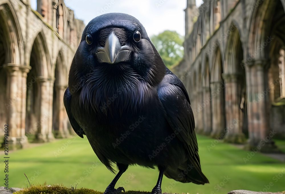 Fototapeta premium Mystery and folklore concept, black raven bird looking at camera with ancient gothic abbey ruins and stone arches in the background of a historic site