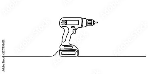 Obraz na plátně Handheld cordless electric drill tool in continuous black line art style for construction repair and maintenance projects