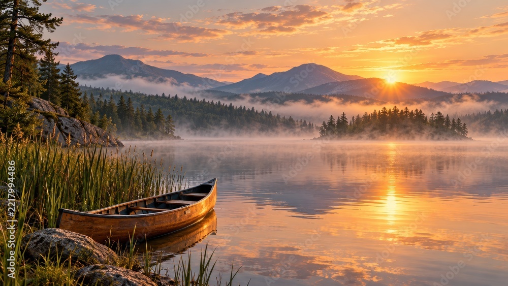 Naklejka premium wooden canoe rests at edge of misty lake as sunrise lights water and distant mountains. quiet wilderness travel and outdoor adventure; banner and website header.
