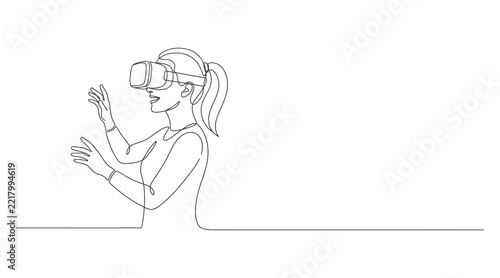 Continuous line drawing of a woman wearing virtual reality headset gesturing with hands vr headset line art