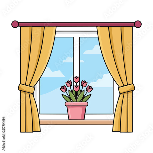 Window with Tulips and Yellow Curtains Illustration