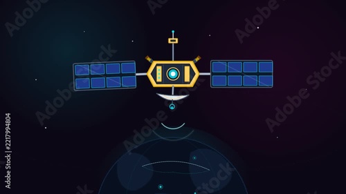 Flat vector illustration of a communication satellite orbiting the blue planet Earth in space.