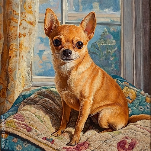 A charming chihuahua sits gracefully on a colorful quilt. The dog has bright eyes and a curious expression. This portrait captures the essence of companionship and love. AI