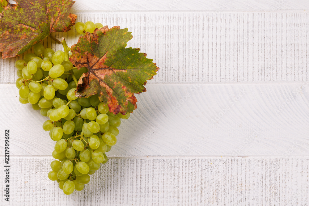 Naklejka premium Ripe grape cluster with seasonal foliage on white boards