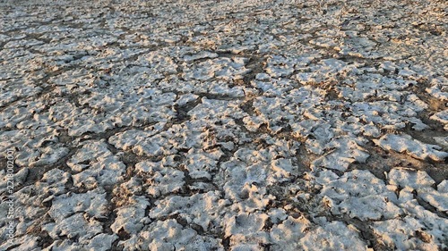 Top View Close Up of Dry and Cracked Earth Soil Texture Due to Climate Change and Extreme Drought