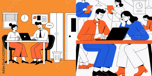 Business Team Meeting in Modern Office with Man and Woman Working on Laptop