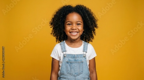 Smiling African-American girl with beautiful curly hair and white t-shirt on yellow background.
