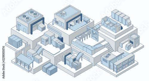 Industrial complex features interconnected manufacturing zones and automated processing units arranged in a structured isometric architectural configuration.